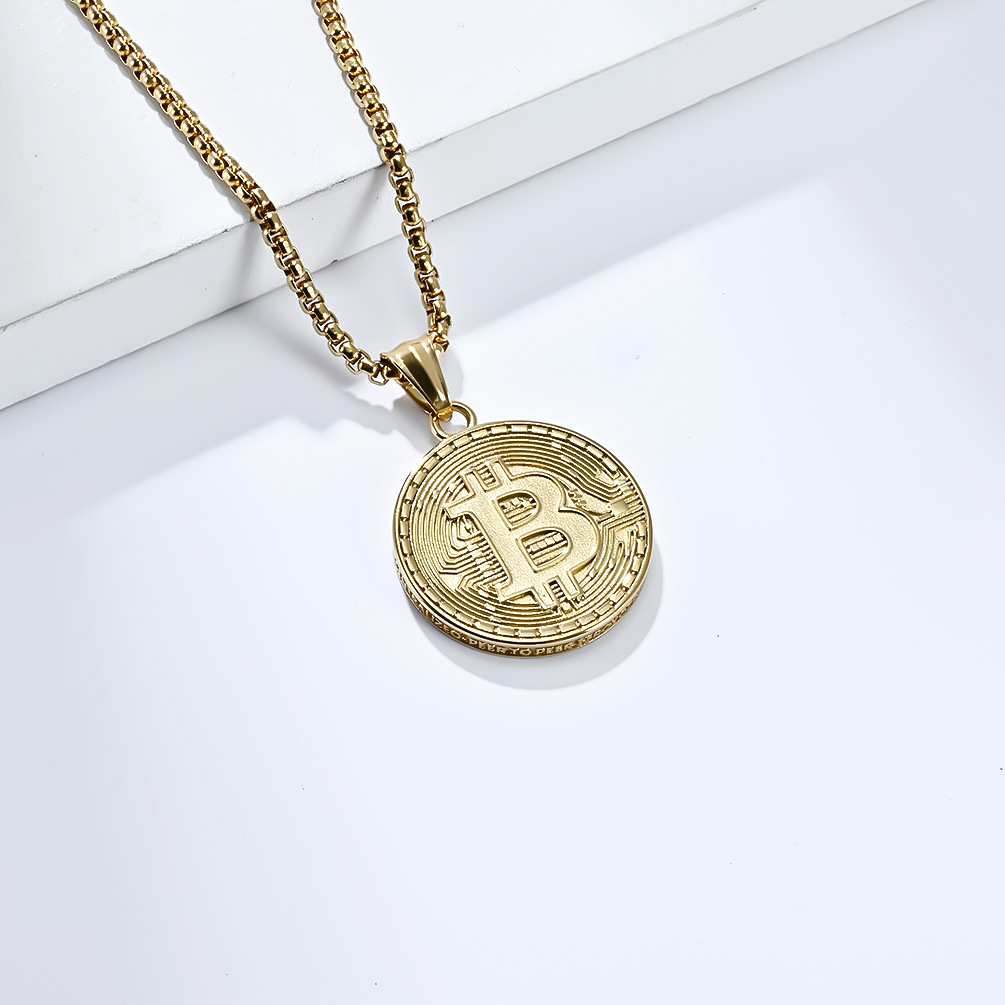 Kemstone Bitcoin Symbol Pendant Necklace for Men Stainless Steel Coin Style K-PT500