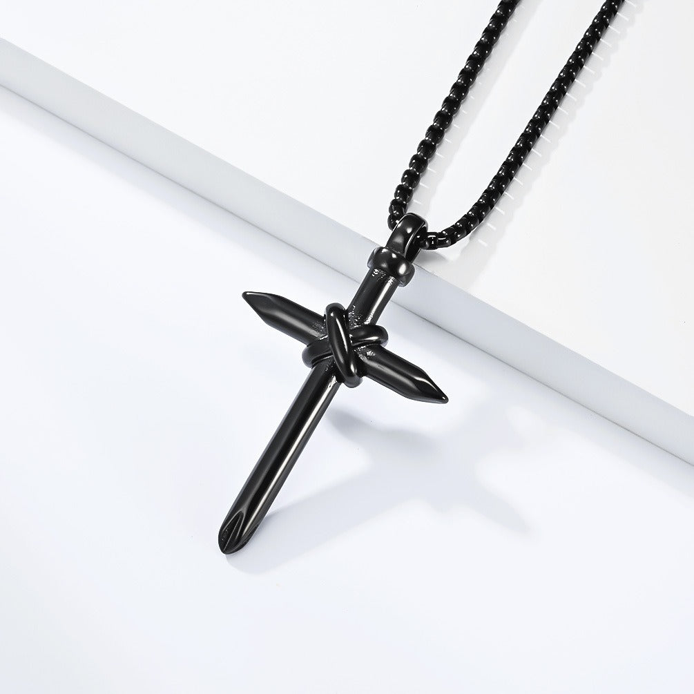 Kemstone Stainless Steel Nail Cross Pendant Necklace Knot Detail for Men & Women K-PT714