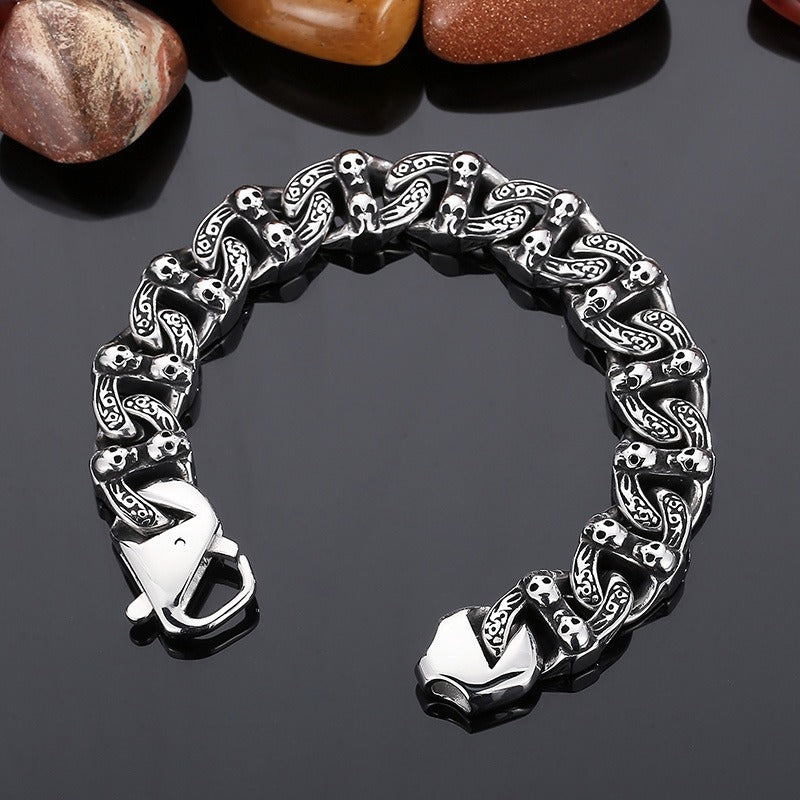 Kemstone Matte Black Skull Bracelet – Titanium Steel Cuban Chain for Men | Gothic Punk Streetwear Jewelry KB162805-KJX