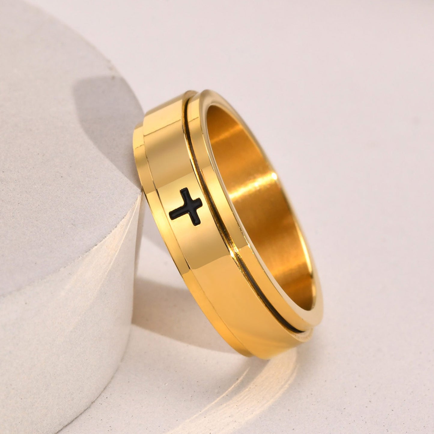 Kemstone Black Laser-Etched Cross Rotating Stainless Steel Ring – Gothic Industrial Men’s Jewelry R589
