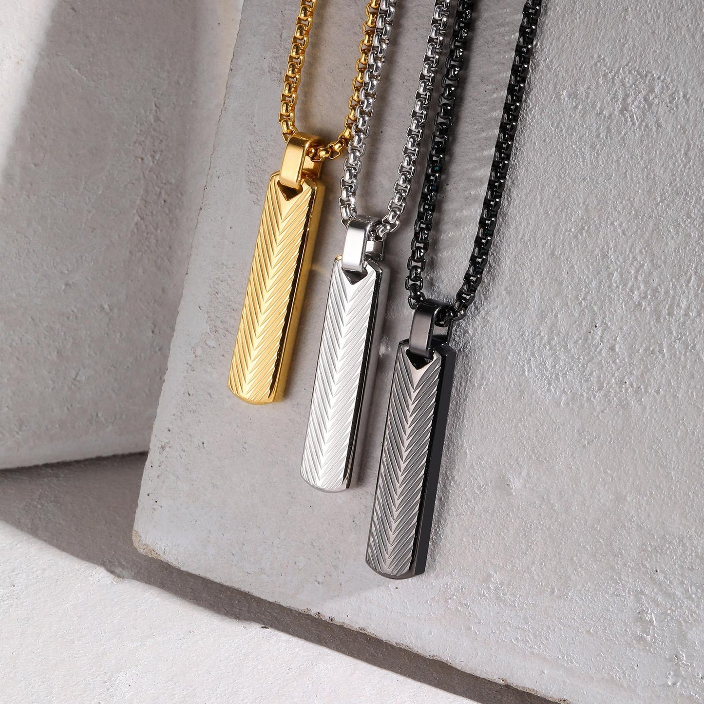 Geometric Bar Pendant Necklace for Men | Stainless Steel Chevron Engraved PN2071