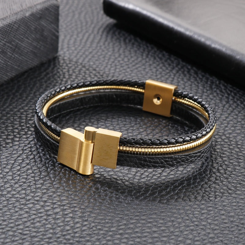 Kemstone Men’s Titanium Steel Leather Bracelet – Gold Snake Chain Wristband KB147381