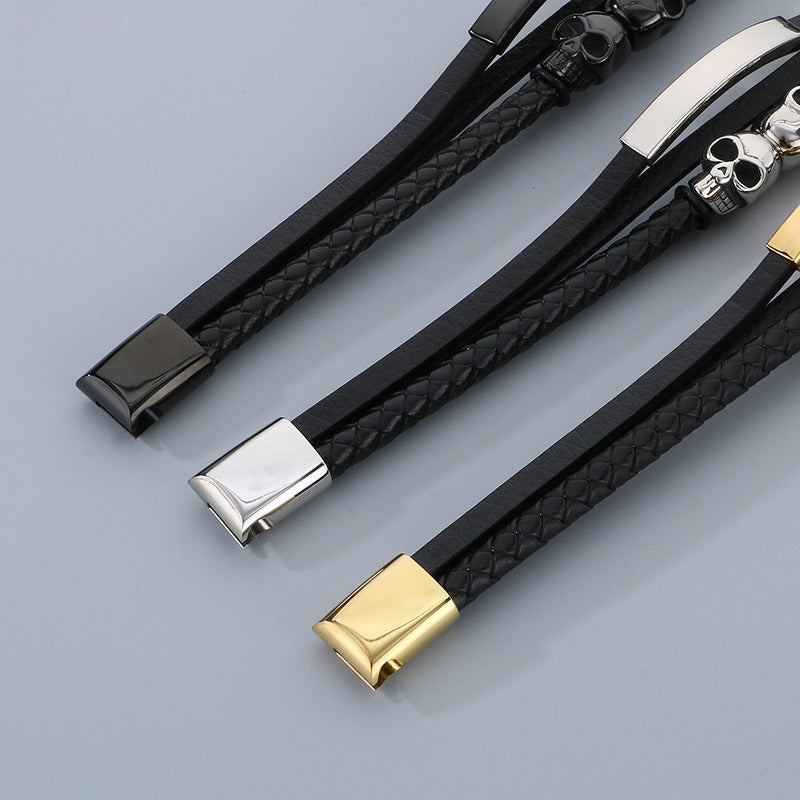 Kemstone Men’s Skull Leather Bracelet – Stainless Steel Punk Biker Jewelry KB180009