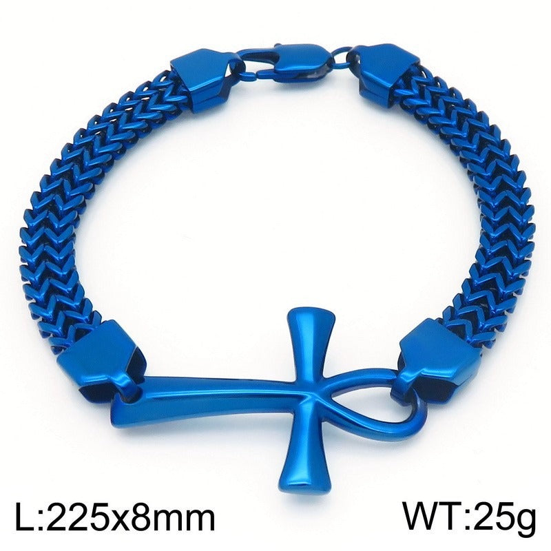 Kemstone Titanium Steel Rock 'n' Roll Dual-Weave Chain Bracelet with Vintage Cross Pendant KB164177-KFC