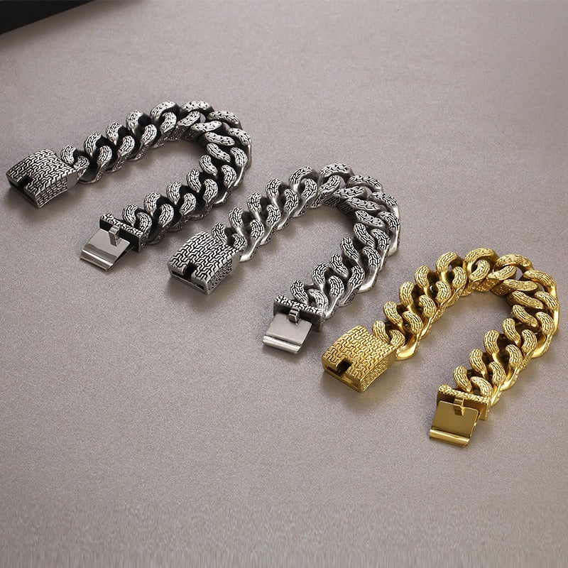 Kemstone Trident Textured Curb Chain Bracelet – Heavy Stainless Steel Viking Punk Streetwear KB179929