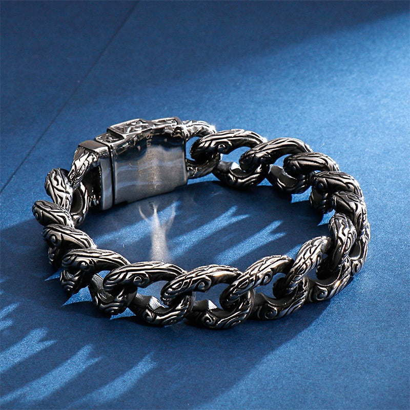 Kemstone Tribal Skeleton Chain Bracelet – Distressed Titanium Steel Men's Gothic Link Jewelry KB121932