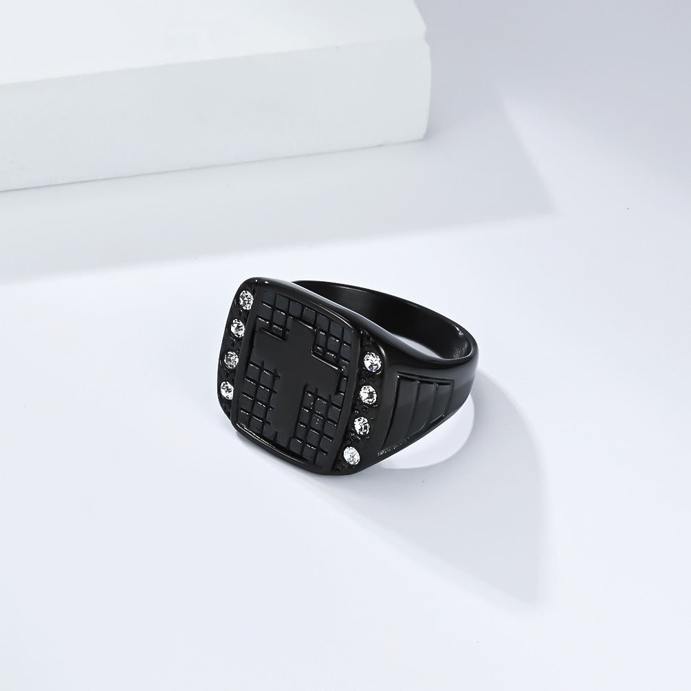 Kemstone Men’s Stainless Steel Cross Ring – CZ Inlaid Signet Jewelry K-R1078