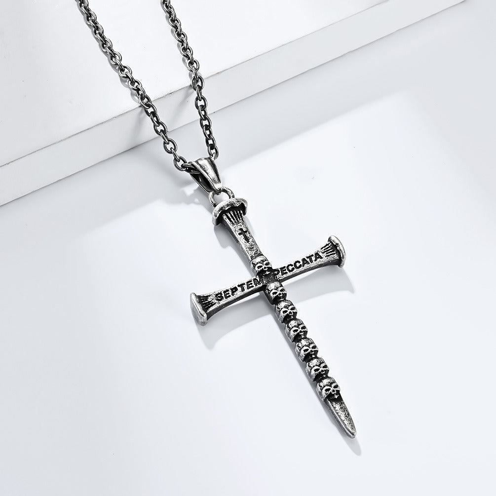 Kemstone Men’s Stainless Steel Skull Cross Necklace – Gothic Punk Pendant K-PT505