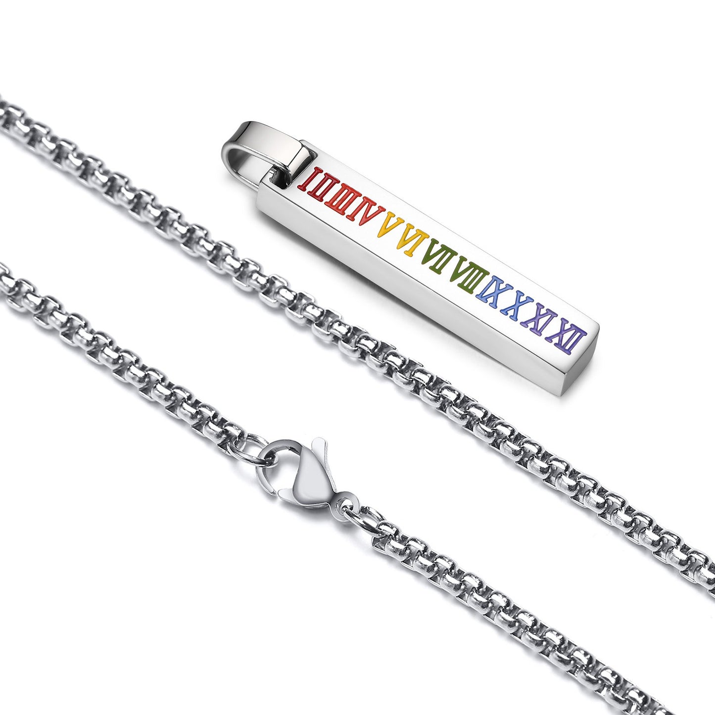 Kemstone Roman Numeral Drip Pendant Necklace – Stainless Steel Bar Chain PPN-067