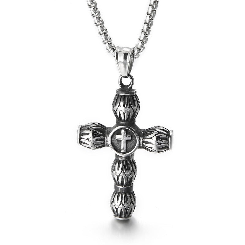 Kemstone Gothic Portrait Pendant – Titanium Steel Necklace with Crown & Turquoise Cross KP119878