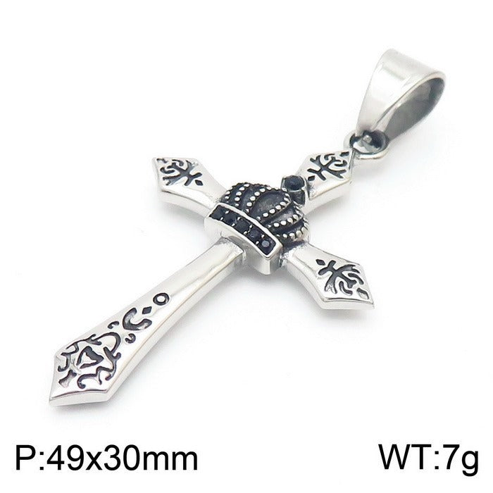 Kemstone Titanium Steel Punk Crown Cross Pendant – Vintage Hieroglyphic Engraved Necklace KP120067