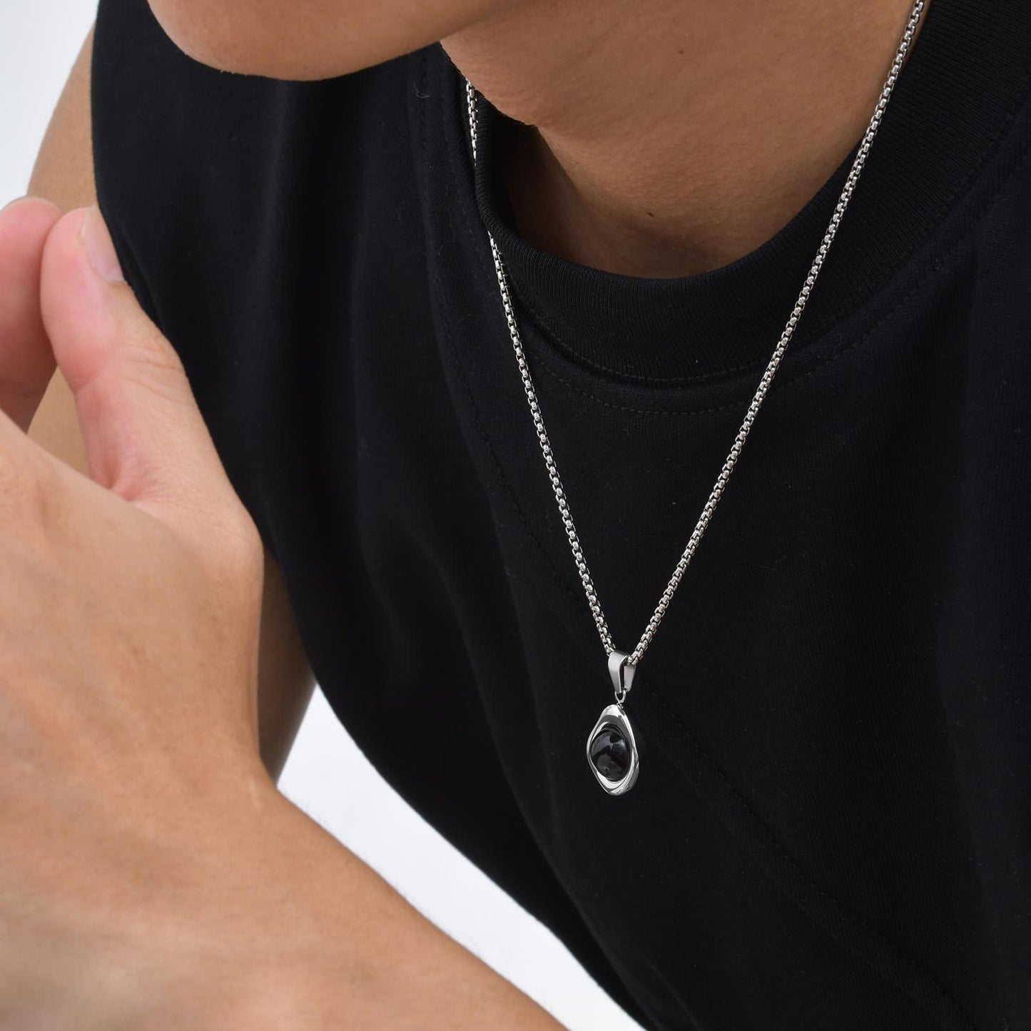 Kemstone Men’s Stainless Steel Pendant Necklace – Irregular Tiger Eye Onyx PN-2189