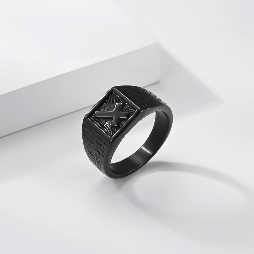 Kemstone Stainless Steel Cross Signet Ring for Men Engraved Text Vintage Rectangular Silver Gold Black K-R1141