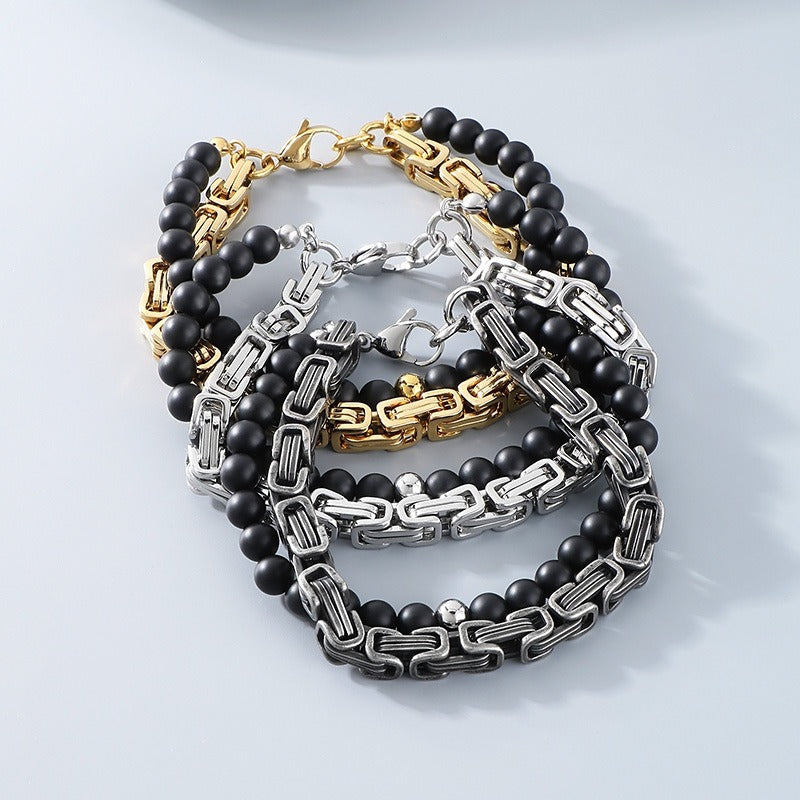 Kemstone Double Chain Bracelet for Men – Stainless Steel & Black Agate Beads, Viking Punk Style