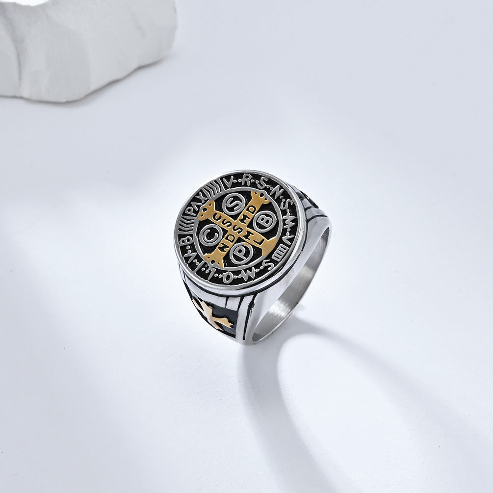 Kemstone Gothic Exorcist Ring – Vintage Stainless Steel Saint Benedict Cross Band for Men | Punk Streetwear Style