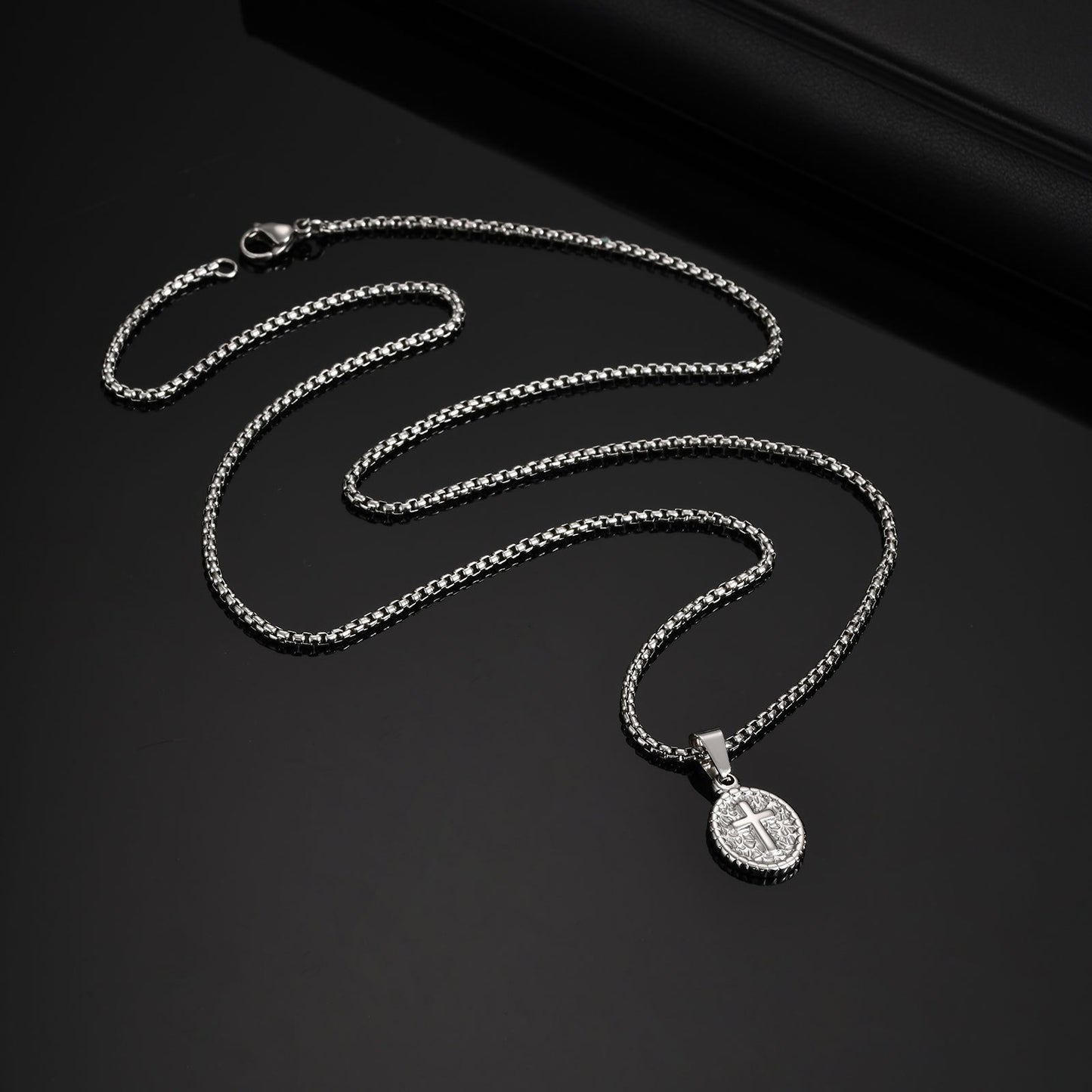 Kemstone Men’s Stainless Steel Cross Oval Pendant Necklace – Silver Black PN-2182