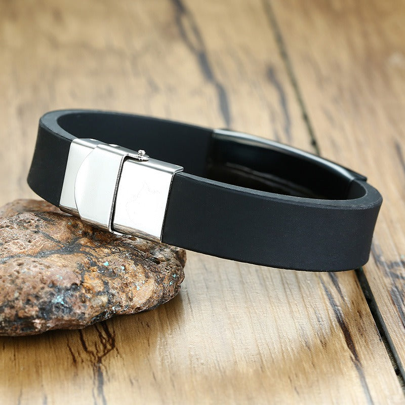 Kemstone Silicone & Stainless Steel Bracelet – Engravable Curved Plate Men’s Wristband BS-076