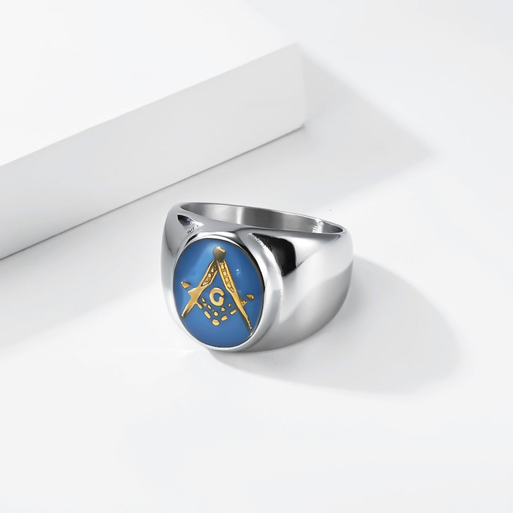 Kemstone Stainless Steel Freemason Blue Emblem Signet Ring for Men Vintage Symbol K-R1182