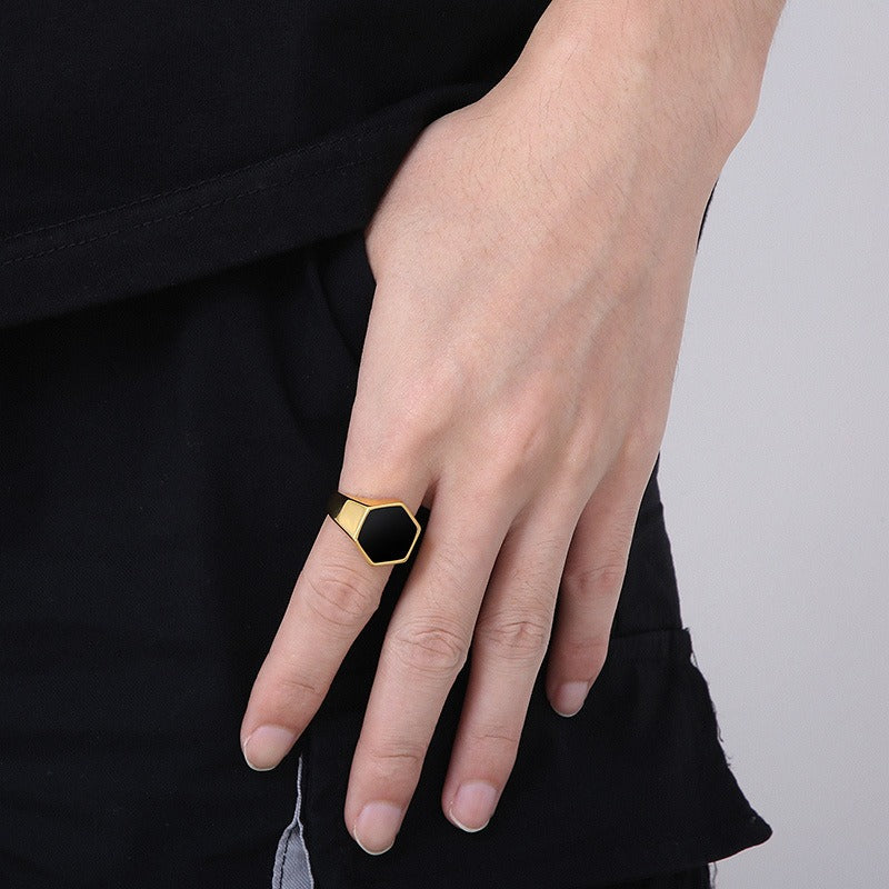 Kemstone Men’s Hexagon Signet Ring – Stainless Steel Black Epoxy Resin Inlay | Gothic Minimalist Jewelry KR105856-KFC