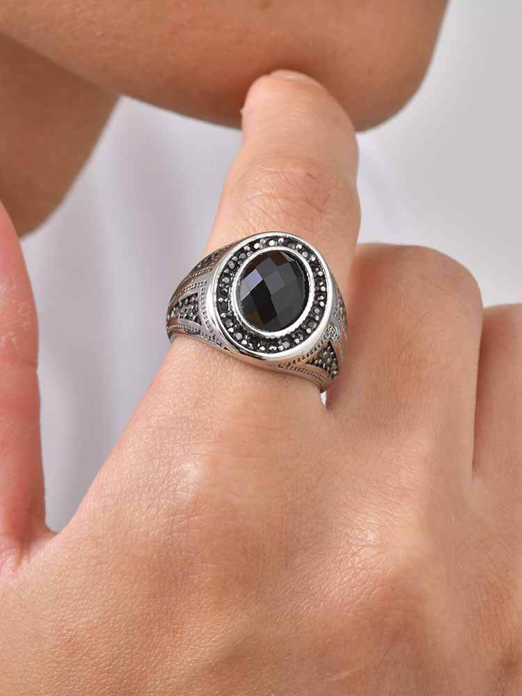 Kemstone Stainless Steel Black Oval Signet Ring Vintage Glass Detail for Men RC-842