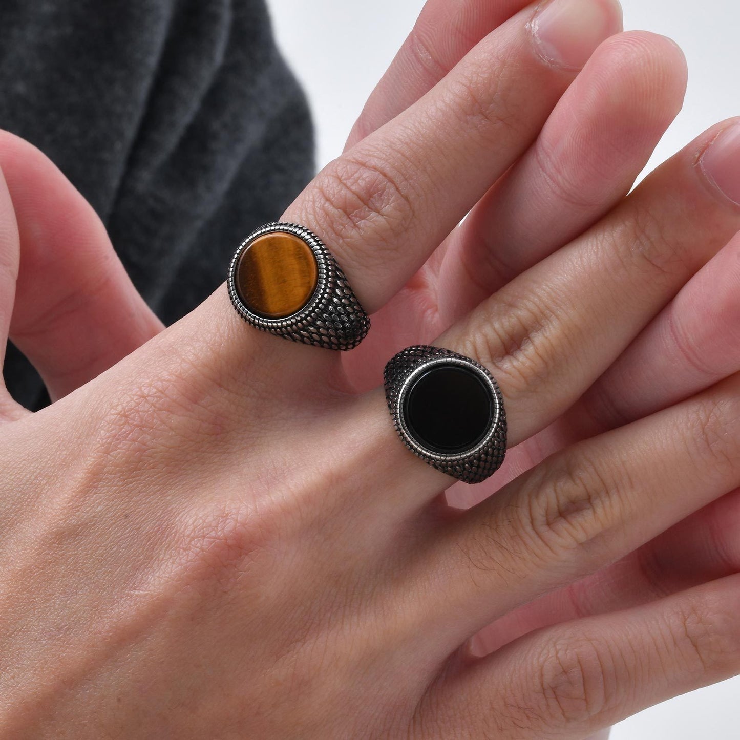 Men’s Stainless Steel Signet Ring – Natural Stone Seal Design (Black Onyx / Turquoise / Tiger Eye) RC-685