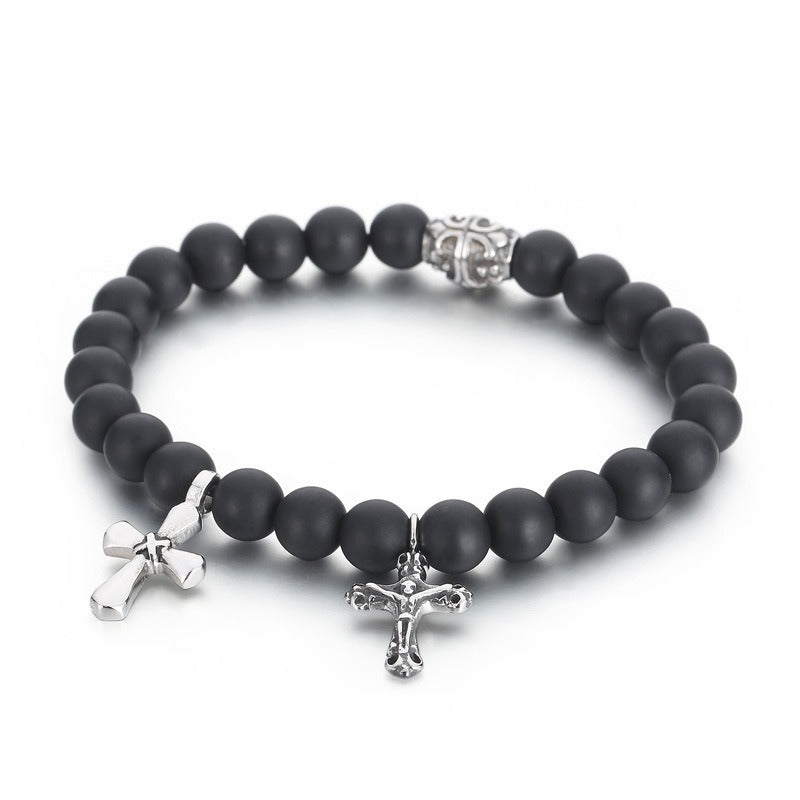 Kemstone Black Onyx Beaded Bracelet – CZ Crown, Freemason Cross & Tiger Eye Accent for Men’s Gothic Streetwear KB69789-BD