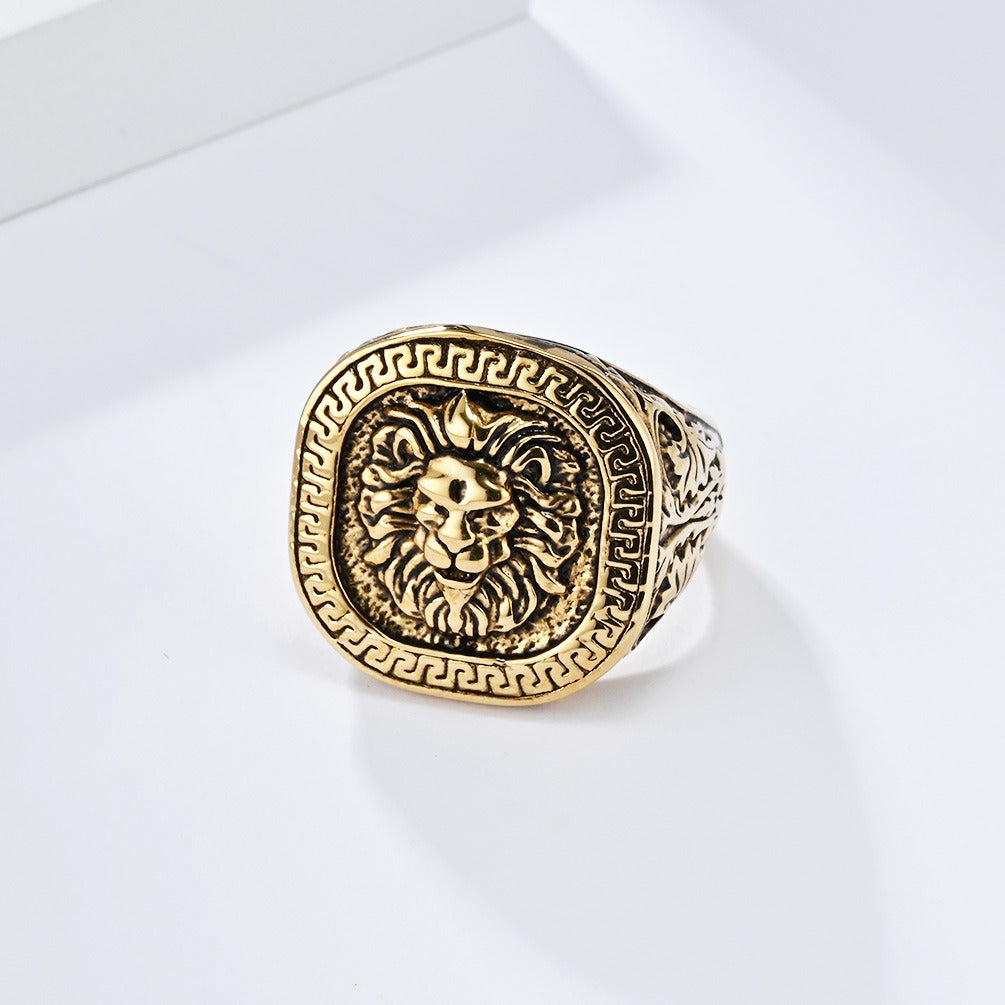 Kemstone Vintage Lion Head Signet Ring – Stainless Steel Greek Key for Men KR867