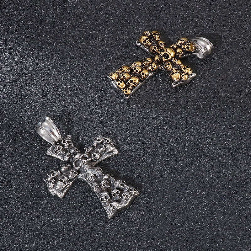 Kemstone Gothic Skull Cross Necklace – Matte Black Punk Pendant for Men KP55728-B