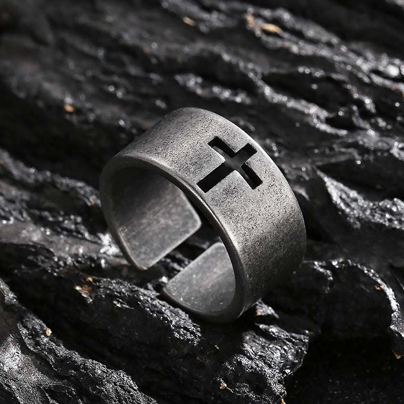 Kemstone Gothic Cross Adjustable Ring – Distressed Titanium Steel Openwork Men’s Jewelry KR104680