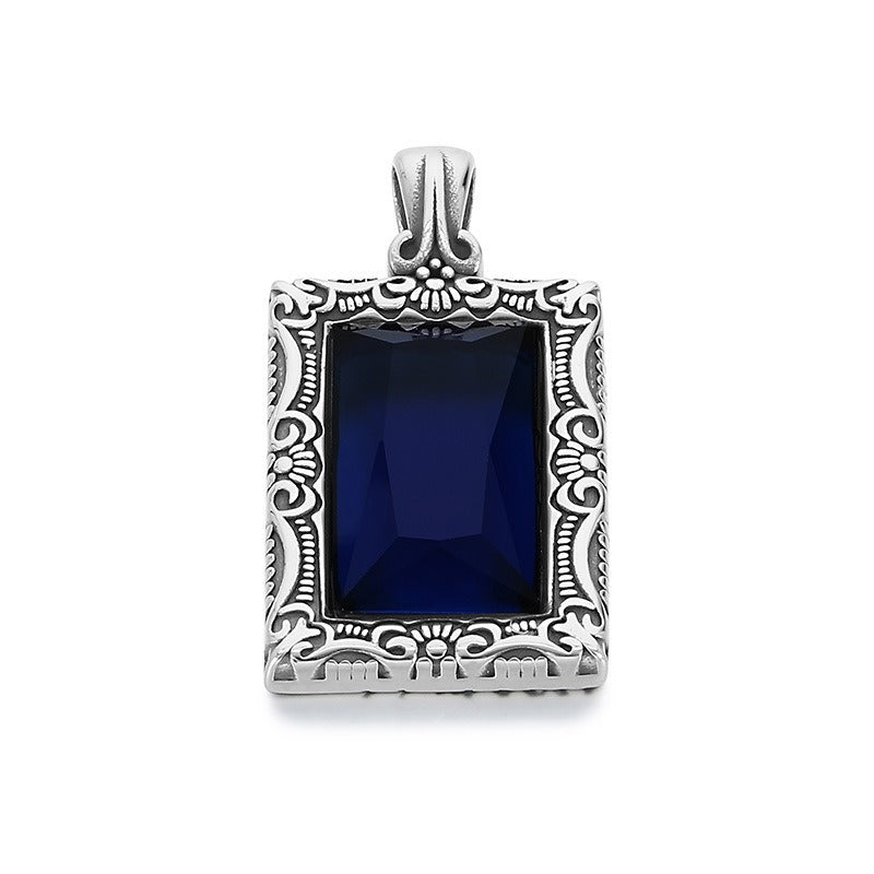 Kemstone Vintage Square Pendant – Titanium Steel Necklace with Scrollwork & Blue-Black Stone | Gothic Street Style for Men KP130520-TGX