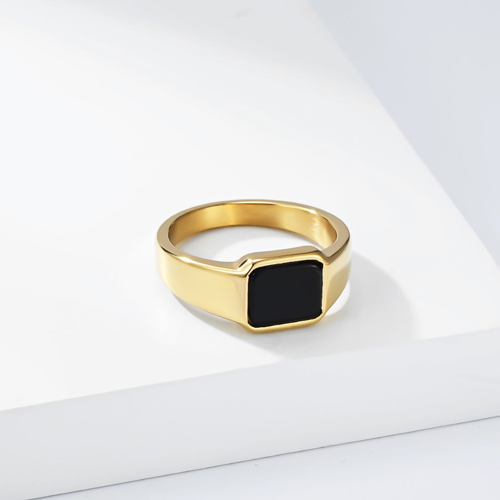 Kemstone Stainless Steel Square Signet Ring – Black Stone Flat Top Minimalist for Men & Women K-R1136
