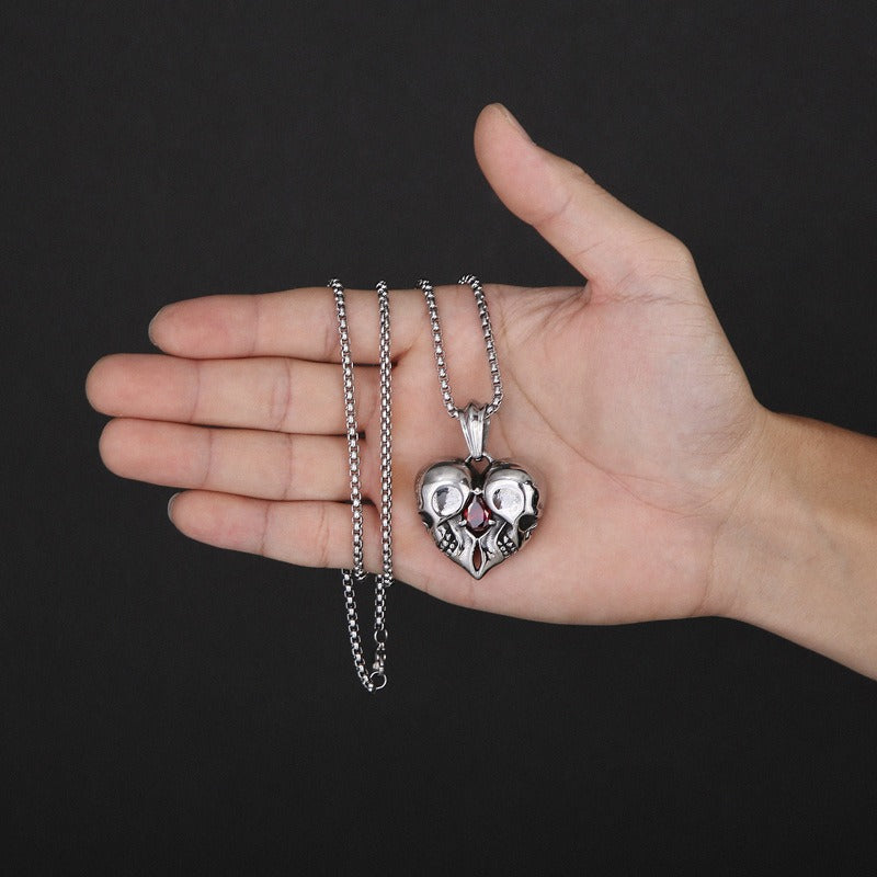 Kemstone Titanium Steel Skull Heart Necklace – Gothic Red Zircon Pendant KP98350