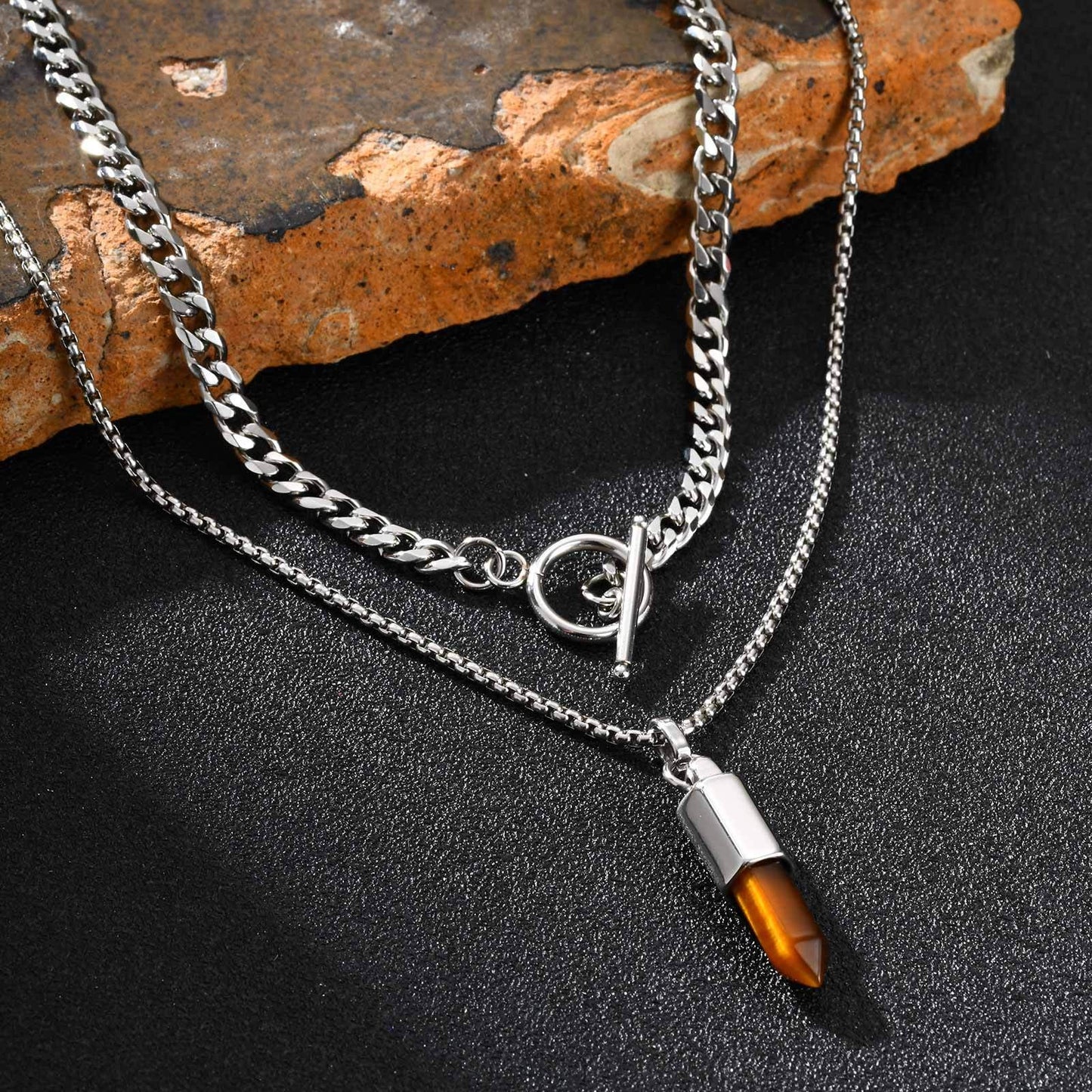 Kemstone Men’s Stainless Steel Bullet Pendant Necklace – Tiger Eye & Black Agate Minimalist Jewelry PN-2227