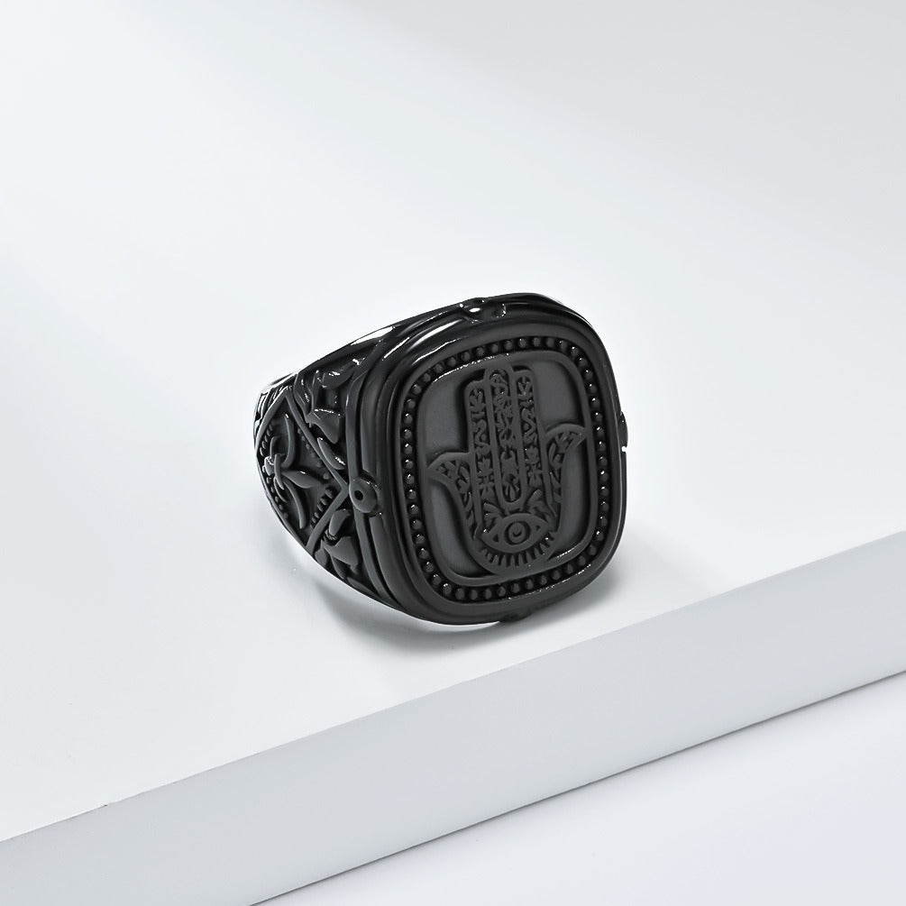 Kemstone Men’s Stainless Steel Hamsa Hand Ring – Vintage Protection Jewelry K-R904