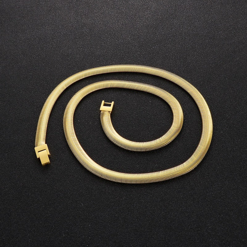 Hip-Hop Flat Snake Chain Necklace & Bracelet – Stainless Steel Herringbone Jewelry for Men KN228487