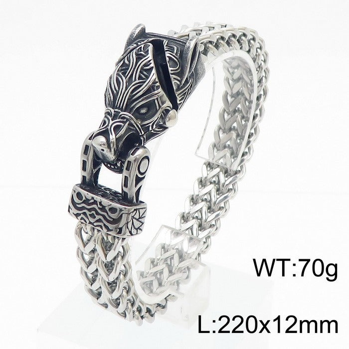 Bracciale Kemstone in acciaio al titanio con testa di aquila e lupo - Catena reversibile, design punk per uomo KB179515