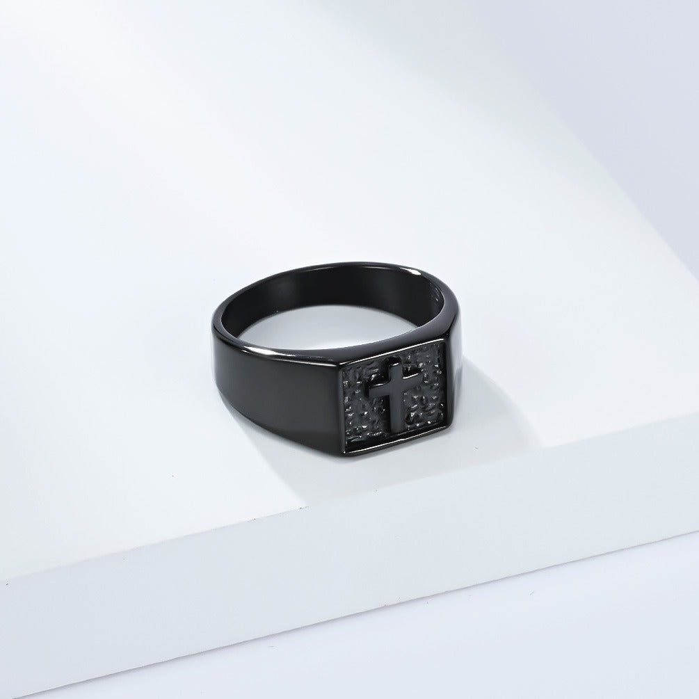 Kemstone Men’s Titanium Steel Cross Signet Ring – Silver, Gold, Black K-R1047