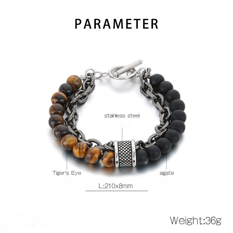 Kemstone Tiger Eye & Turquoise Bead Bracelet – Dual-Layer Steel Chain Men’s Jewelry with Vintage Map Stone Vibe KB182645