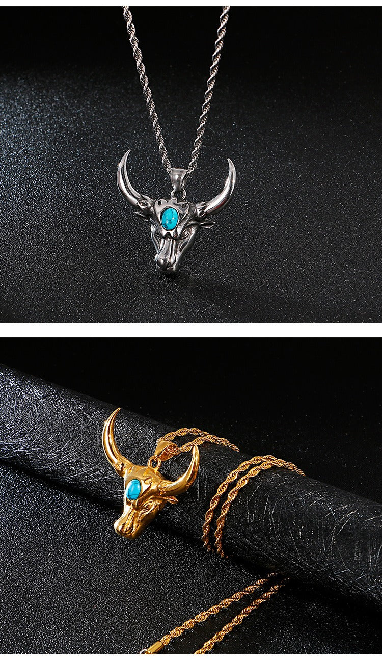 Kemstone Bull Horn Turquoise Pendant – Punk Titanium Steel Necklace for Men KP81530-K