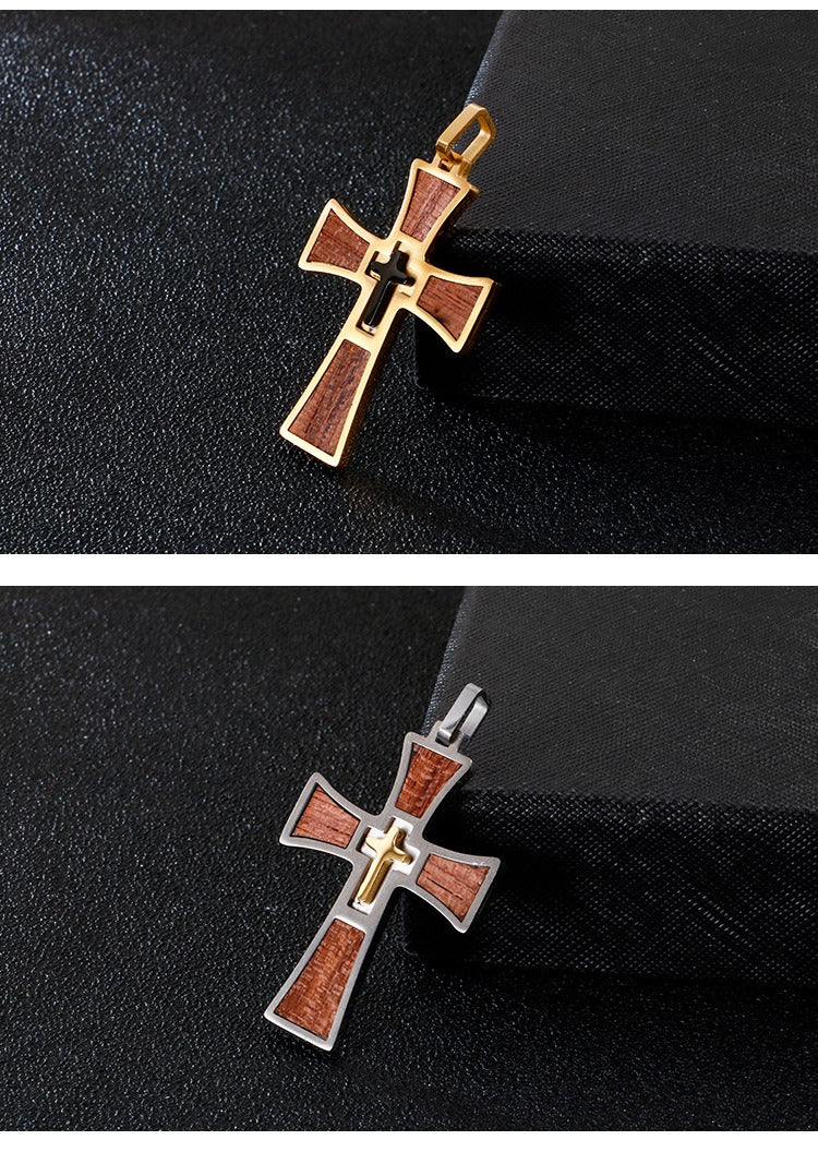 Kemstone Layered Stainless Steel & Wood Cross Pendant – Gothic Totem Necklace KP93475