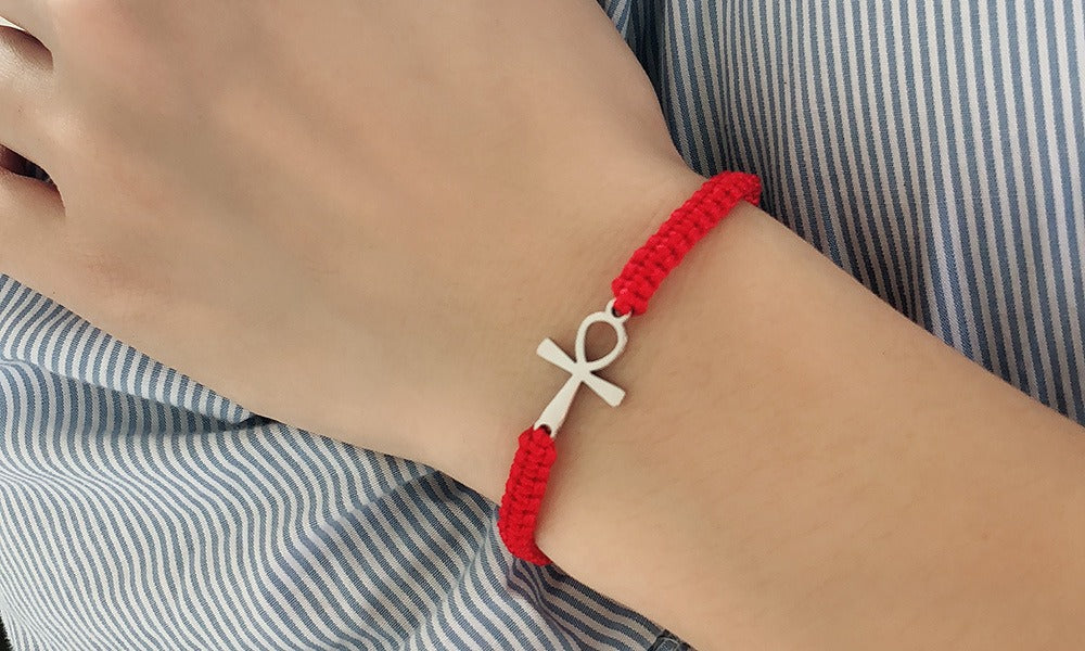 Kemstone Adjustable Ankh Cross Bracelet – Titanium Steel & Red Black Nylon Rope Men & Women BR525