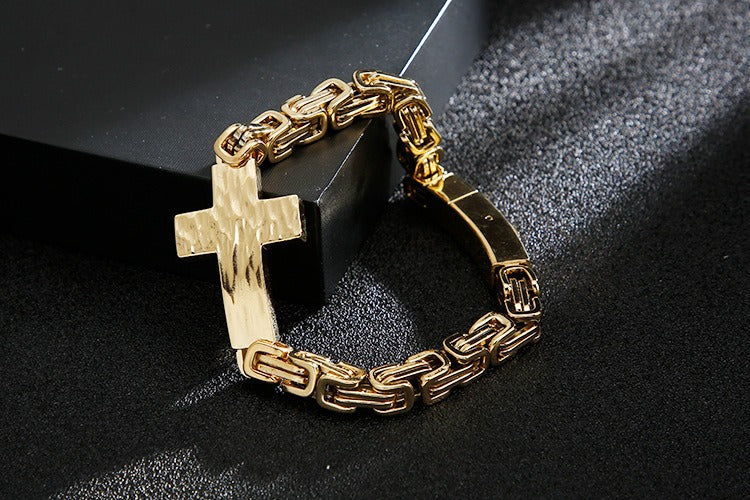 Kemstone Cross Pendant Retro Bracelet – Titanium Steel Cuff with Imperial Chain Design for Men KB122384