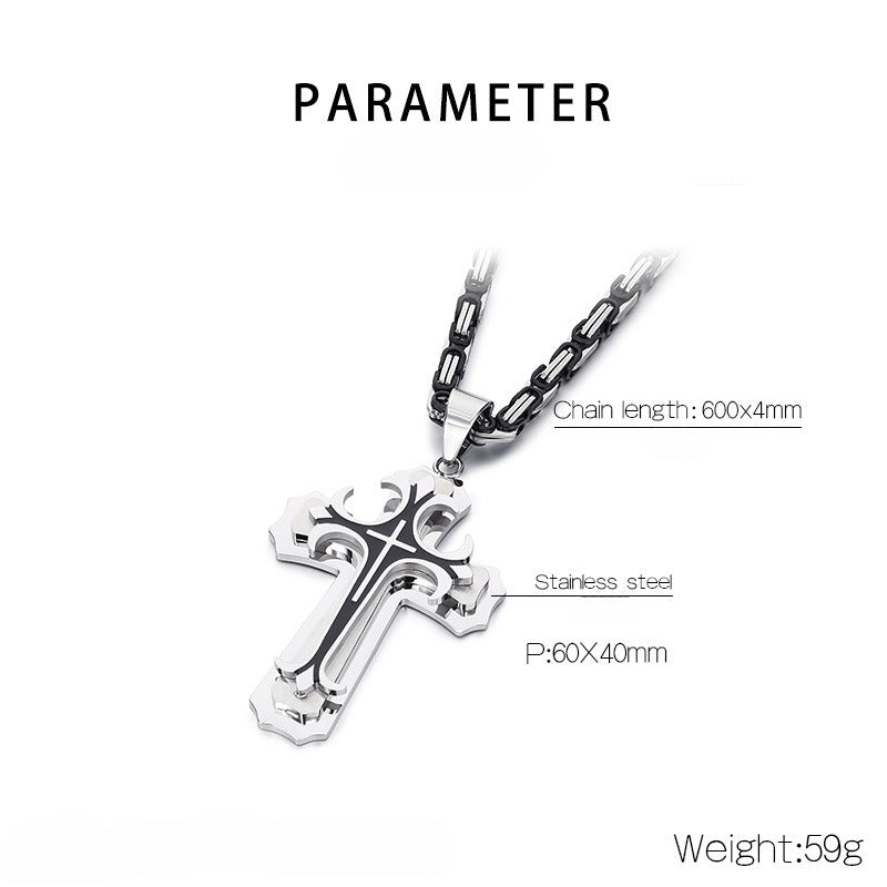 Kemstone Triple-Layer Gothic Cross Pendant Necklace – Stainless Steel Byzantine Chain KP78915