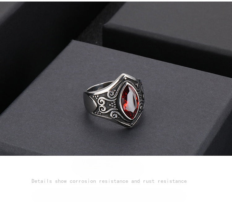 Kemstone Gothic Stainless Steel Signet Ring – Ornate Crystal Inlay Red Black White KR82457