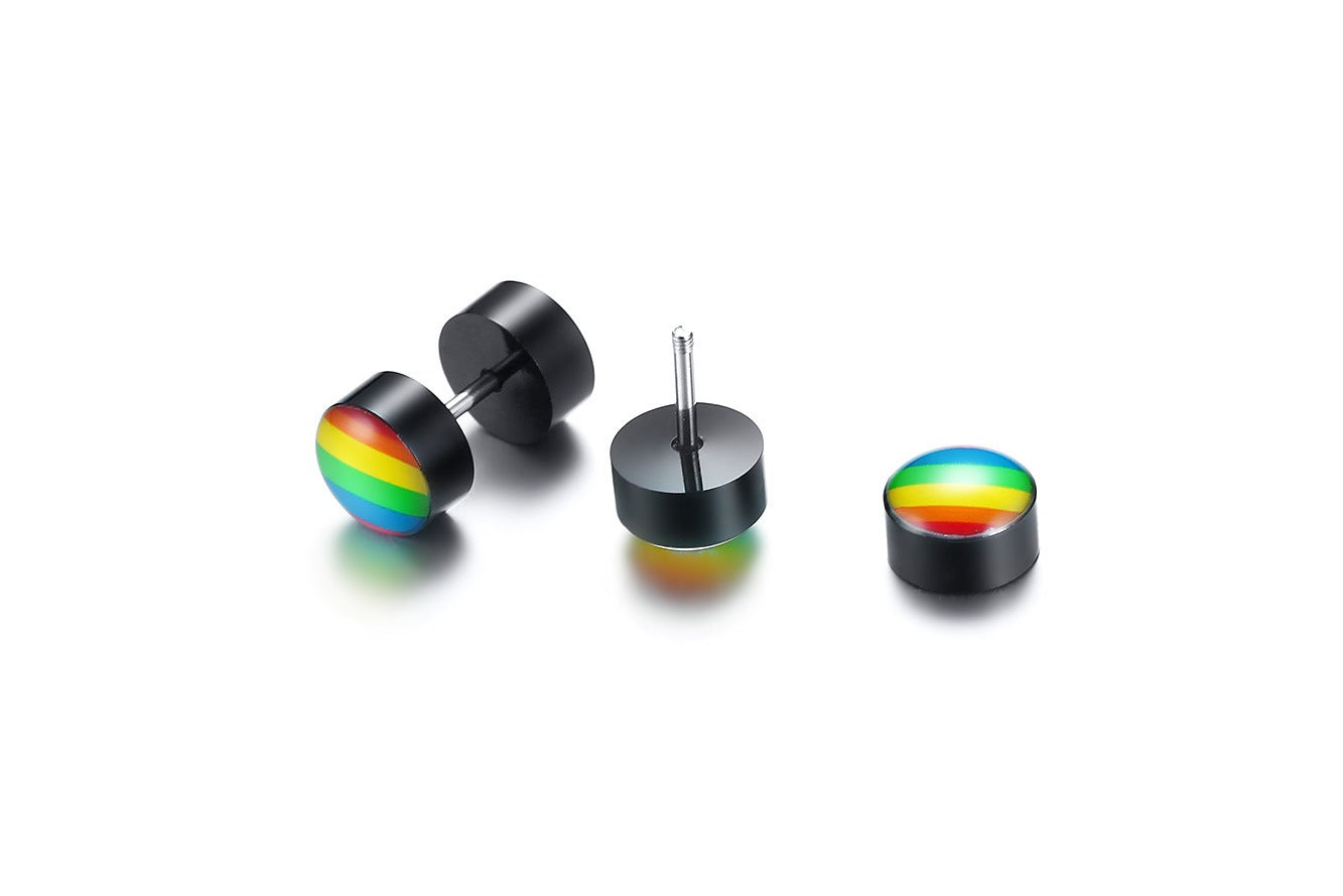 Rainbow Dumbbell Stud Earrings – Stainless Steel Pride Ear Jewelry | Street Gothic Color Edge PE-005