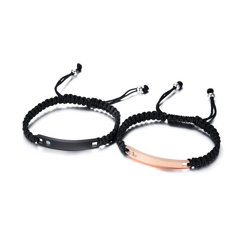 Kemstone Adjustable Couples Bracelet – Braided Rope & Stainless Steel with Zircon Accent CB-035