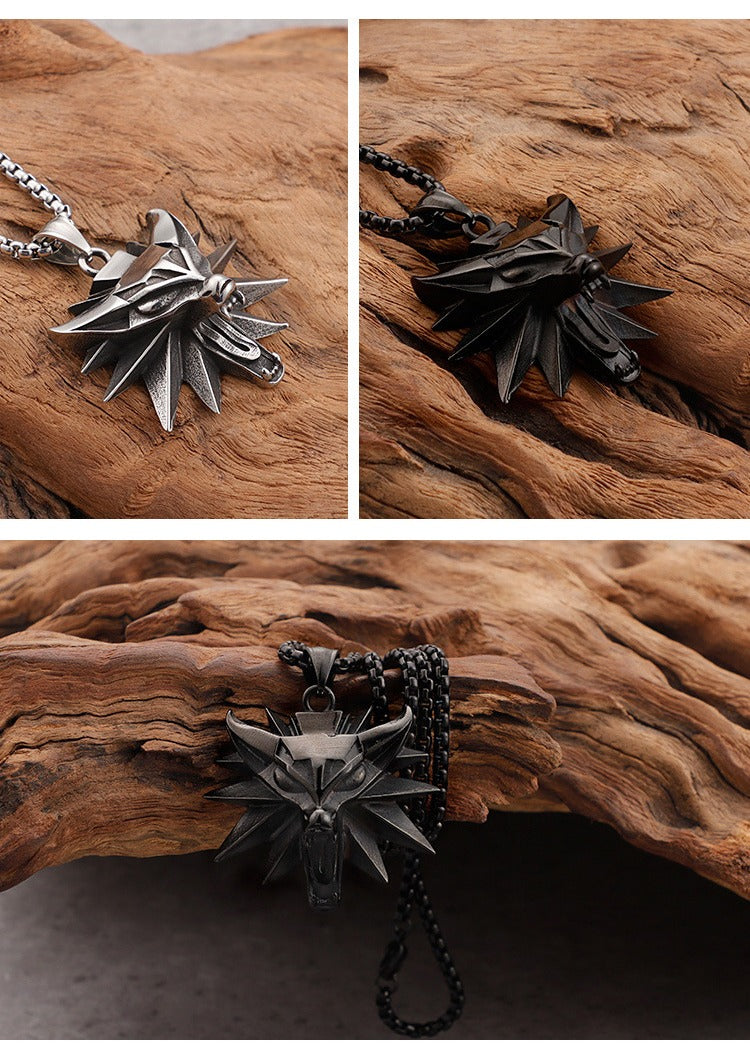 Witcher Wolf Head Pendant Necklace for Men – Gothic Viking Stainless Steel Medallion, Silver/Gold/Black KP59809-K