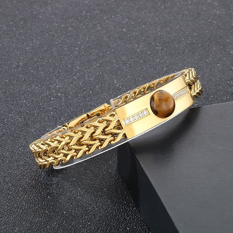 Kemstone Hiphop Zirconia-Encrusted Vintage Dual-Chain Tiger's Eye Stone Curb Men's Bracelet KB187685