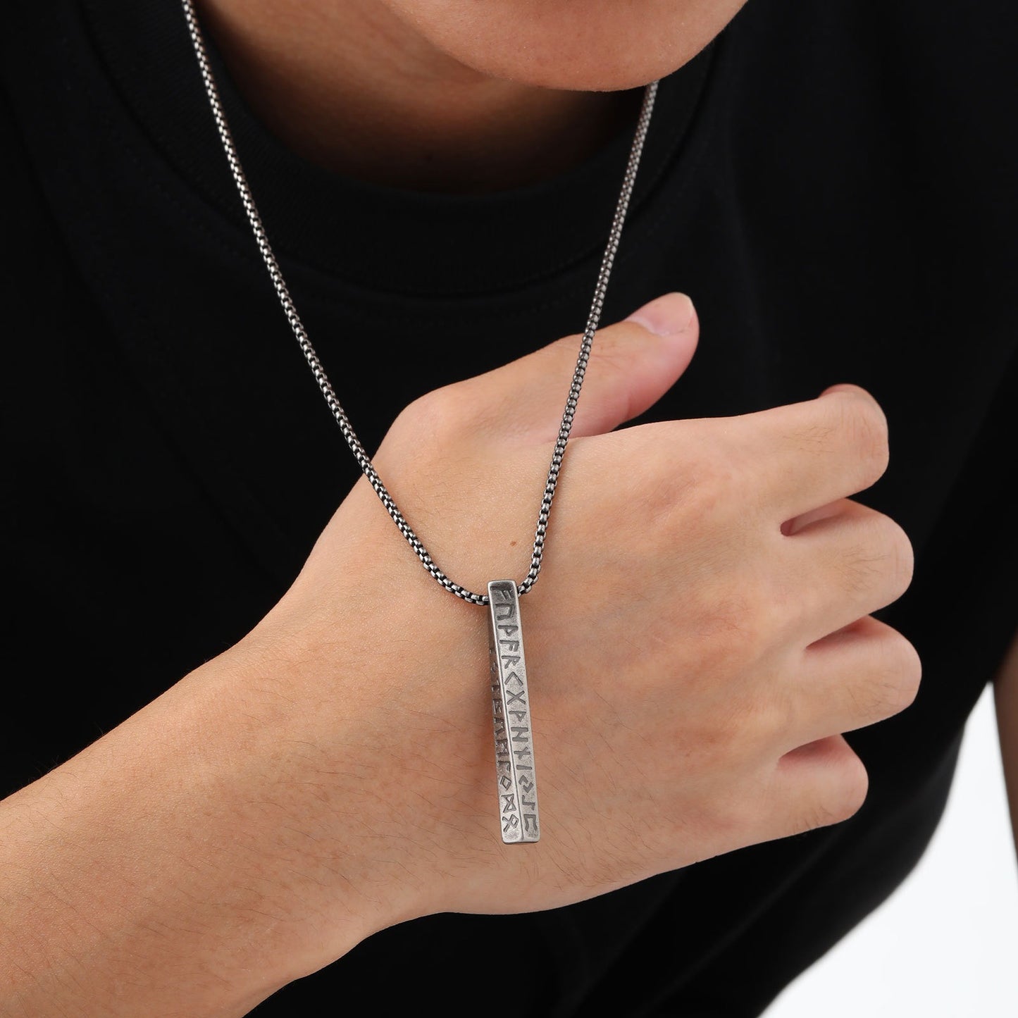 Kemstone Nordic Rune Bar Necklace – Stainless Steel Viking Pendant, Elder Futhark Engraving NC-1383