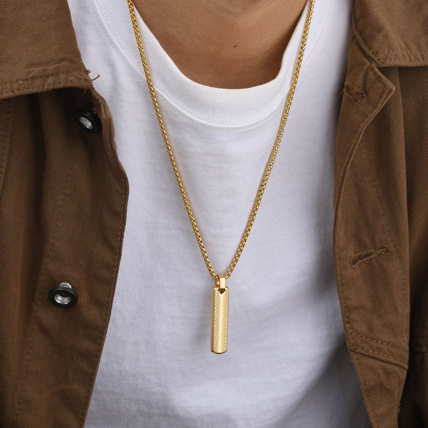 Geometric Bar Pendant Necklace for Men | Stainless Steel Chevron Engraved PN2071